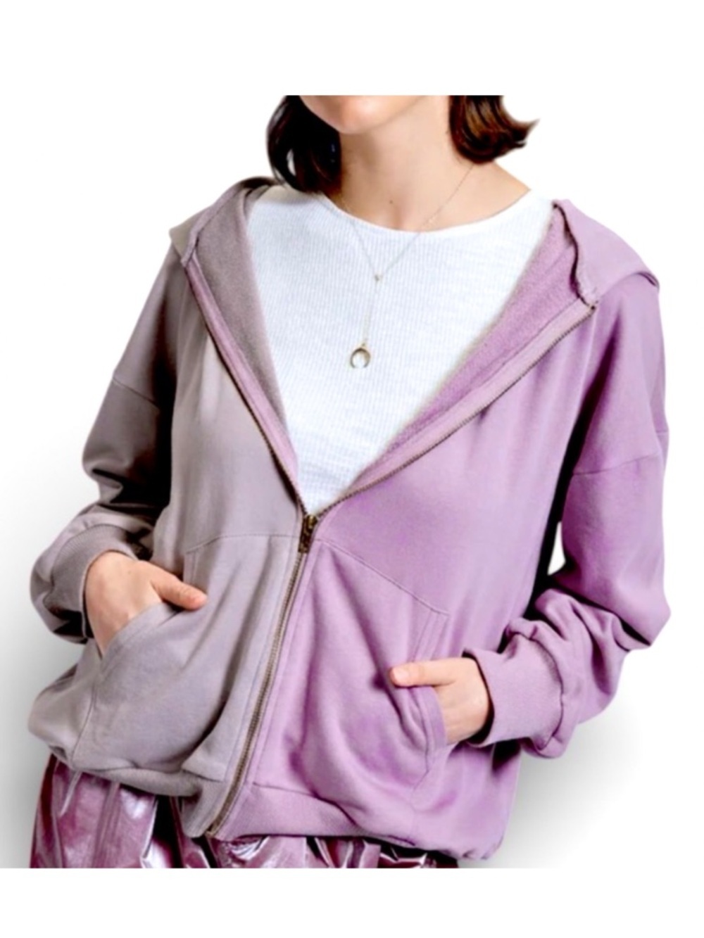 EASEL MSRP $75 Color Block Full Zip Oversized Hoodie - Lavender/Grey